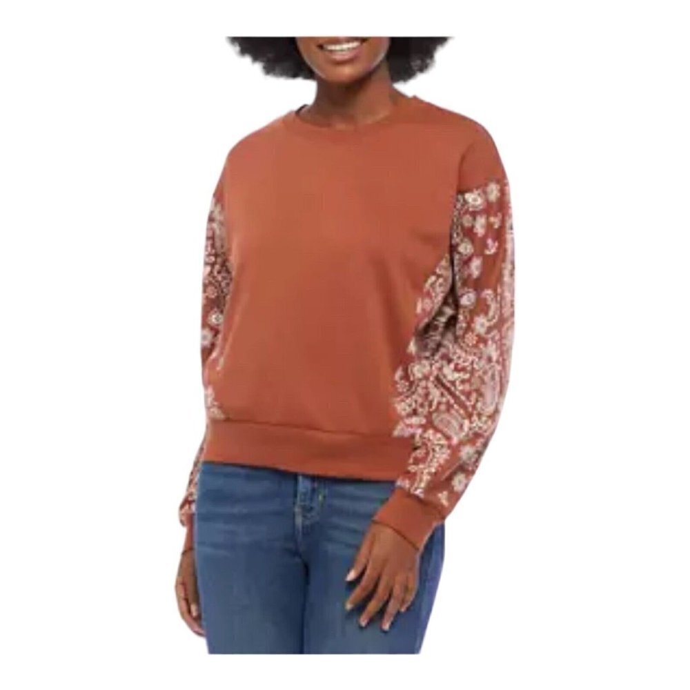 Belle du Jour Women Size XS Block Print Pullover Sweatshirt Brown Paisley Boho
